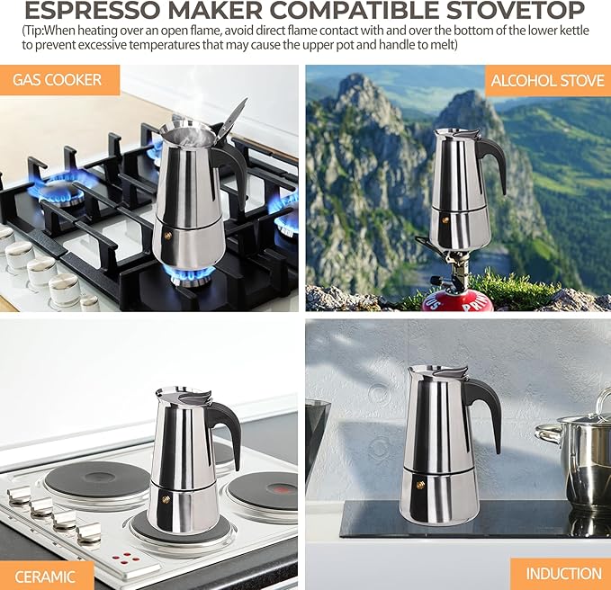 6 Cup 300ml Moka Pot Stainless Steel Espresso Coffee Maker Stovetop Coffeemaker Italian Classic Style Brewing Greca Cafe Mocha Machine for Cafeteras Lover Camping Travel and Home Use 10oz
