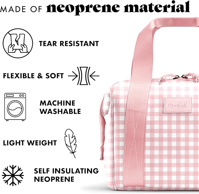 Fit & Fresh Remi Neoprene Lunch Bag For Women - Meal Prep Kit with Containers & XL Ice Pack, Self Insulating Neoprene-like Material, Machine Washable Lunch Bag, Tear & Stain-Resistant, Pink Gingham
