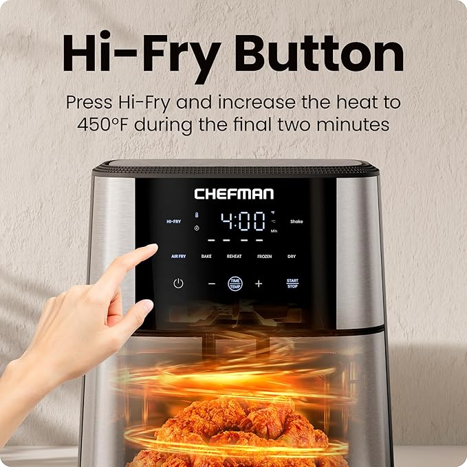 Chefman Air Fryer 6 Qt | TurboFry® 5-in-1 with 450°F Hi-Fry Option for Crispier Results | Bake, Dehydrate, Frozen | XL Nonstick Dishwasher-Safe Basket | Stainless Steel
