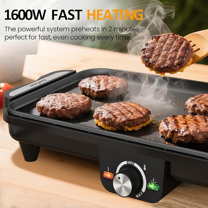 Sunvivi Large Electric Griddle 38'' x 9'', 1600W Indoor Grill with 2 Adjustable Temp Knobs, Even Heating, Nonstick Plate, Foldable Electric Grill Pan Indoor with Drip Tray, Easy to Clean