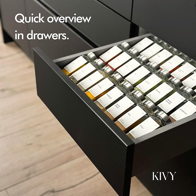 KIVY Drawer Spice Organizer + 24 Jars & 240 Labels - Seasoning Rack for Organization - Kitchen Drawer Insert for Spice Jars - Glass Seasoning Jars with Airtight Lids - Glass Spice Jars with Label