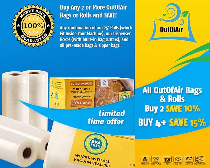 Vacuum Sealer Roll & Bag Cutter (8" x 100') 4 mil 100 Foot Embossed Bags by OutOfAir 33% Thicker, BPA Free, Sous Vide, Commercial Grade, Works with All Machines