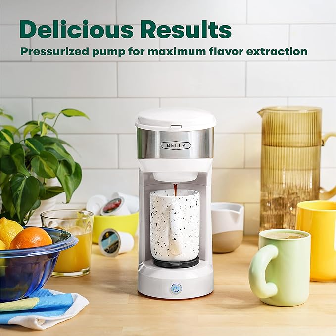 BELLA Dual Brew Single Serve Coffee Maker, Brews both Kcup and Ground Coffee, Large 14oz Capacity, Easy One Touch, Auto Shutoff, White