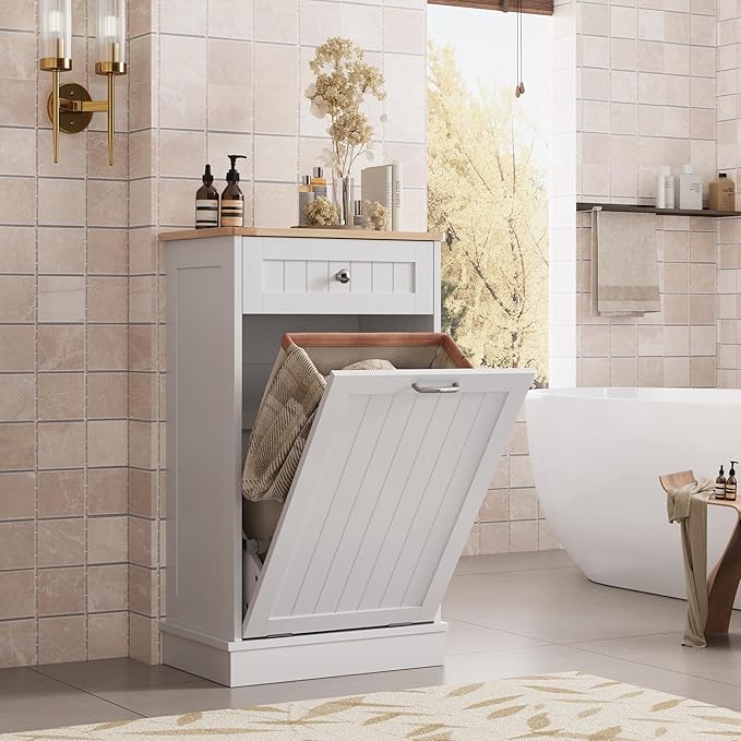 KIGOTY Tilt Out Trash Cabinet,Wooden Kitchen Trash Bin Holder Garbage Bin Recycling Cabinet Laundry Hamper with Solid Wood Countertop and Hideaway Drawer (White)