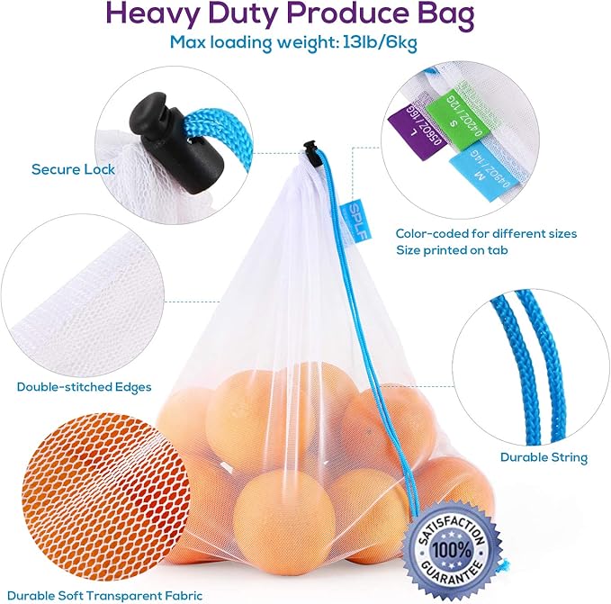 SPLF 12 Pcs Heavy Duty Reusable Mesh Produce Bags, Barcode Scanable See Through Food Safe Mesh Bags with Drawstring for Fruits, Vegetable, Food, Toys, Grocery Storage, Large Medium Small