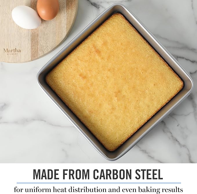 Martha Stewart Gallen 9 Inch Square Nonstick Carbon Steel Cake Pan - Silver Durable Bakeware for Cakes, Brownies & Desserts