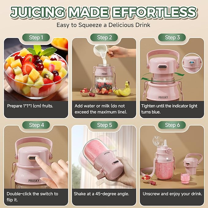 Portable Blender, Prasky Personal Blenders for Shakes and Smoothies with 27oz Cup, Lid and Shoulder Strap, Type-C USB Rechargeable, Personal Size Blenders BPA-free for Travel/Kitchen (Light Pink)