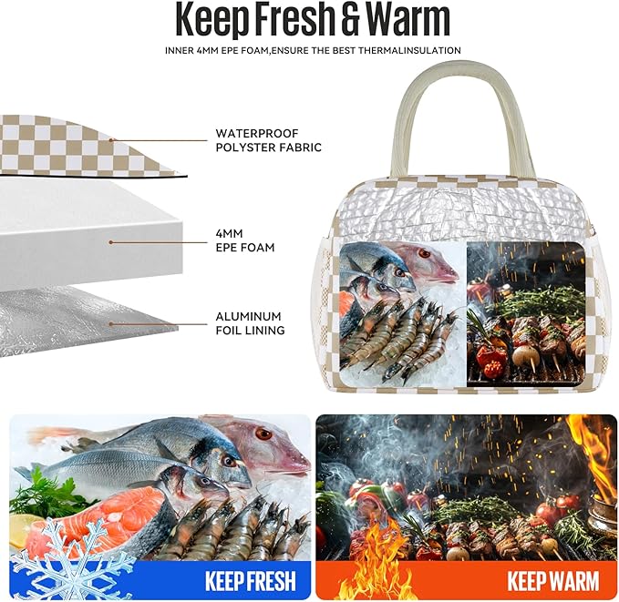 douyadady Lunch Bag Women/Men Lunch Box Women/Men (Khaki+White Checkerboard)