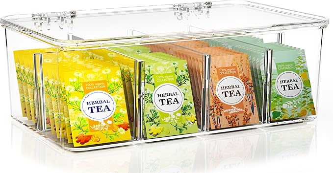 Utopia Home - Tea Bag Organizer With Lids, (1 Pack) Clear Pantry Storage Box - Stackable Partition Organizers or Holder With Lids For Drawers, Countertops, Fridge, Kitchen, Snack & Spice Organization