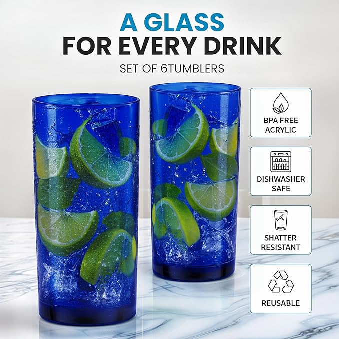 Zulay Kitchen Plastic Drinking Glasses (Set of 6) – 24oz Acrylic Shatterproof Water Cups for Home, Kitchen & Outdoors – Cobalt Blue Glass Look – BPA & Lead-Free – Top-Rack Dishwasher Safe