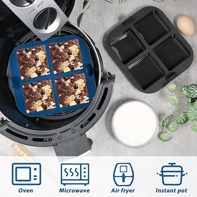 Webake Silicone Air Fryer Brownie Pan for Baking, Nonstick 2.6" Square Silicone Mold for S'mores, Cake Puck, Muffin, 4-Cavity Set of 2
