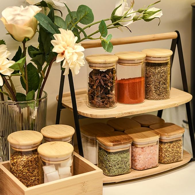 SHOWIN 6oz Glass Food Storage Jars, Glass Jars with Bamboo Lids, Kitchen Storage Jars, Set of 6, Canisters with Airtight Lids for Spice, Coffee, Cookie, Pantry Organizers