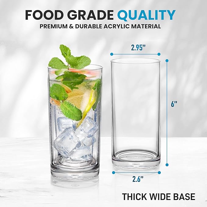 Zulay Kitchen Plastic Drinking Glasses (Set of 6) – 16oz Acrylic Shatterproof Water Cups for Home, Kitchen & Outdoors – Crystal Clear Glass Look – BPA & Lead-Free – Top-Rack Dishwasher Safe