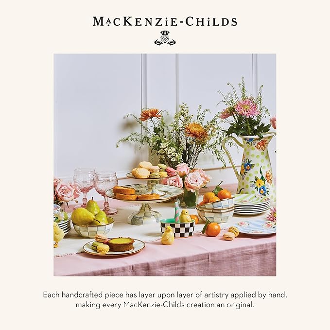 MACKENZIE-CHILDS Enamel Pedestal Platter, Round Cake Stand, Large, Gray-and-White Sterling Check