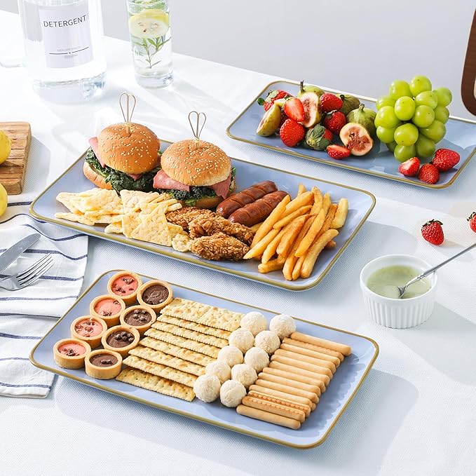 Ceramic Rectangle Serving Platter: 15.6/14.1/12.6 Inch Large Serving Dishes for Entertaining Party, Turkey, Cheese, Sushi, Snack and Dessert, Microwave Dishwasher Safe, Blue