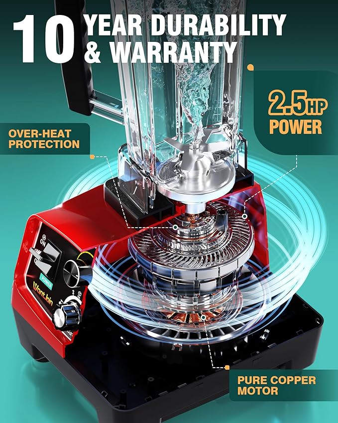 WantJoin Professional Blender, ETL listed 68oz Commercial Blender for kitchen Max 1800W High Power Home and Commercial with Timer, Smoothie Maker 2200ml for Crushing Ice, Frozen Dessert, Soup,fish
