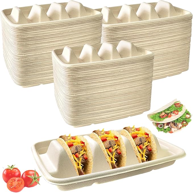 150PCS Disposable Taco Holder for Party，Disposable Taco Plates with 3 Dividers Disposable Taco Holders for Party, Taco Tray Holder, Pulp Fiber Plates Disposable for Taco Tuesday Lazy Susan Taco Bar