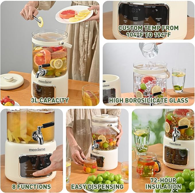 3L Electric Kettle & Beverage Dispenser with Infuser, Spigot - All-in-One Health Pot for Iced Tea/Coffee, Temperature Control, Glass Pitcher - Home & Office Use