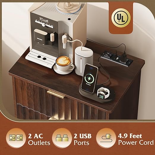 WLIVE 10 Gallon Tilt Out Trash Can Cabinet, Hidden Trash Can Cabinet with 2 AC+ USB Outlets, Storage Drawer, Food/Clothes Storage Pet Proof Kitchen Trash bin Cabinet for Home, Launday (Brown)