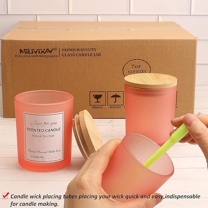 MILIVIXAY 12 Pack 7 OZ Frosted Pink Glass Candle Jars with Lids and Candle Making Kits - Bulk Empty Candle Jars for Making Candles - Spice, Powder Containers.