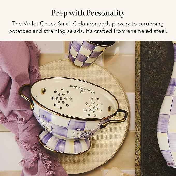MACKENZIE-CHILDS Enamel Colander, Decorative Kitchen Strainer, Small, Purple-and-White Violet Check