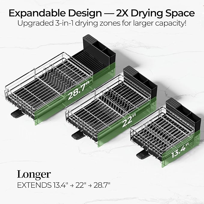 Large Dish Drying Rack, Expandable Dish Rack, Stainless Steel Anti-Rust Dish Racks for Kitchen Counter, Multifunctional Dish Drainer with Utensil Holder & Cup Holder, 13.4"-28.7" L x 11.8" W