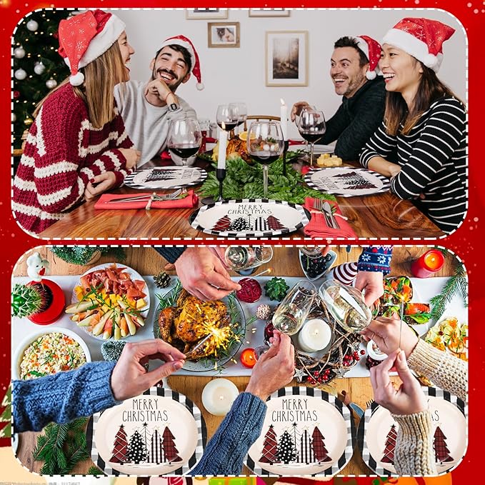 WDF 50Pack Christmas Paper Plates - 10"x12" Christmas Tree Plates Christmas Oval Paper Checkered Plates - Dinner Size Large Disposable Platter Heavy Duty for Happy Christmas Serving
