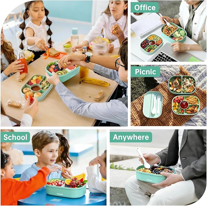 2 Layers Bento Box, All-in-One Stackable Lunch Container with Compartments, 64oz Leakproof Microwave Safe Dishwasher Safe Bento Box with Lunch Bag and Utensil Set for Kids and Adults