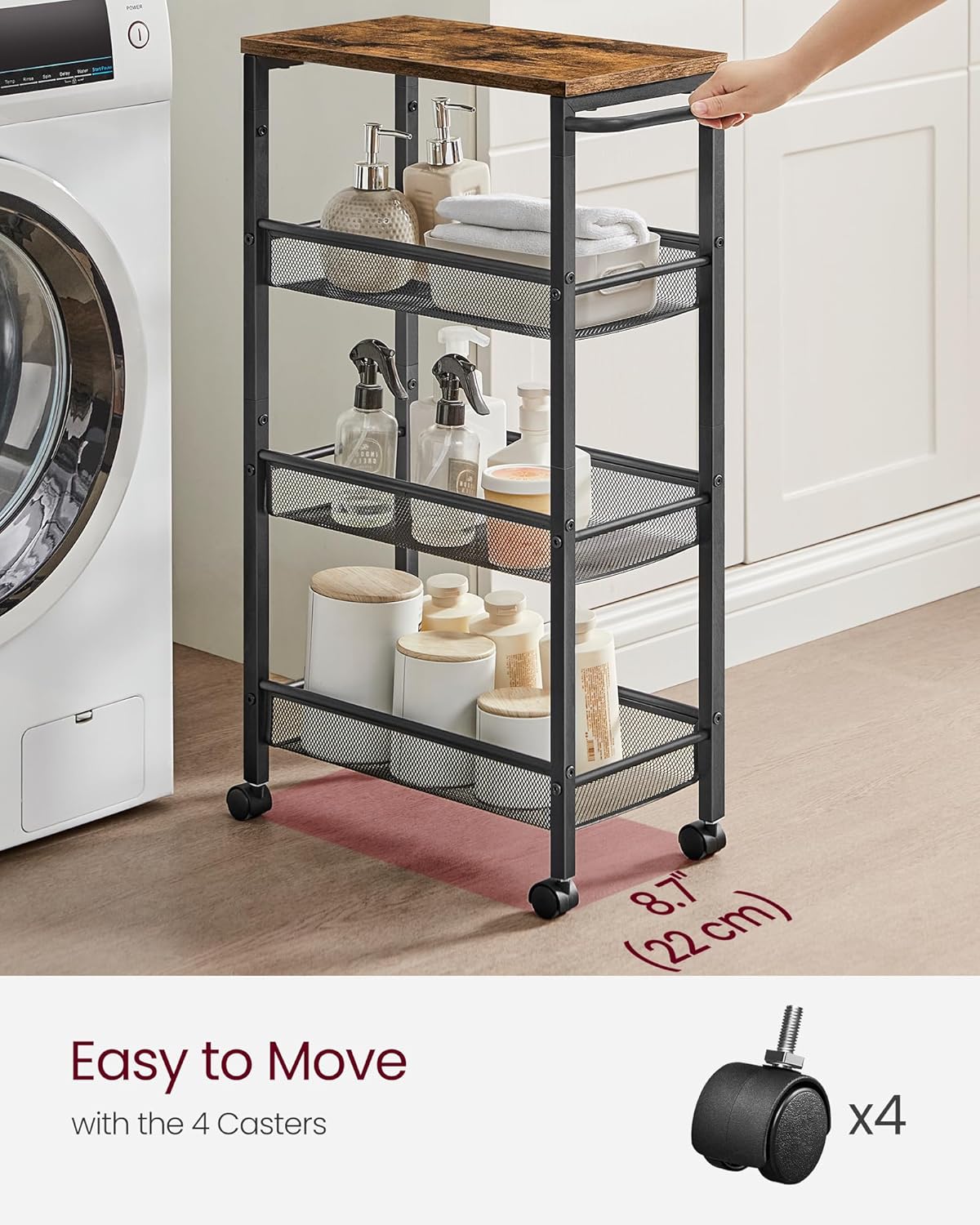 VASAGLE Slim Rolling Cart, 4-Tier Storage Cart, Narrow Cart with Handle, 8.7 Inches Deep, Metal Frame, for Kitchen, Dining Room, Living Room, Home Office, Rustic Brown and Classic Black ULRC033B01