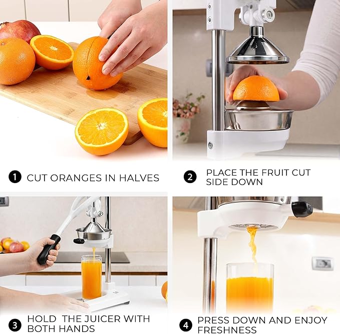 Zulay Kitchen Pulperizer 9 in 1 Cast Iron Juicer - Easy-to-Clean Heavy-Duty Manual Juicer with Presser Attachment to Juice All Types of Fruits! Extra Tall with Stainless Steel Bowl - White