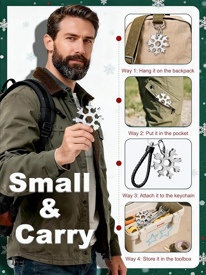 18-in-1 Snowflake Multi Tool – Stainless Steel with Bottle Opener & Wrench,Compact EDC Tool for Camping,Fishing,Hiking, Stocking Stuffers,Gifts for Men,Dad,Husband (Silver)