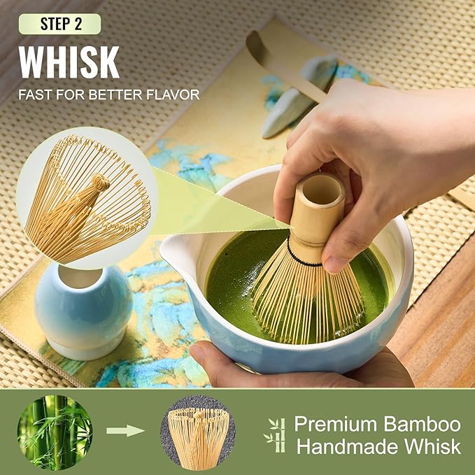 Matcha Whisk Set 7 Pcs Matcha Sets Blue, matcha Kit with Bowl, Whisk and Holder, Bamboo Scoop, Scoop Rest, Sifter & Tea Towel, Tea Gifts for Matche Lovers Making Breakfast Latte