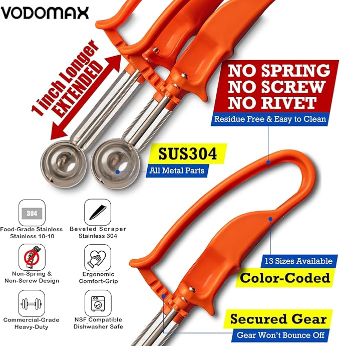 【Extended】Size 100 ORANGE (0.32 oz.) VODOMAX Commercial Food Disher, 13 Sizes, #100 Scoop, Stainless 18-10, Cookie Scoop, Best Seller Disher, Portion Control, Melon Scoop, Ice Cream Scoop