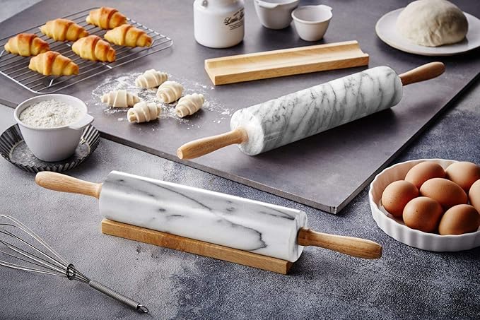 JEmarble Rolling Pin-Wooden Handles(White)(Premium Quality) Polished Surface 18-inch(10"Barrel) Genuine Stone Non-stick Save Effort Easy to Clean