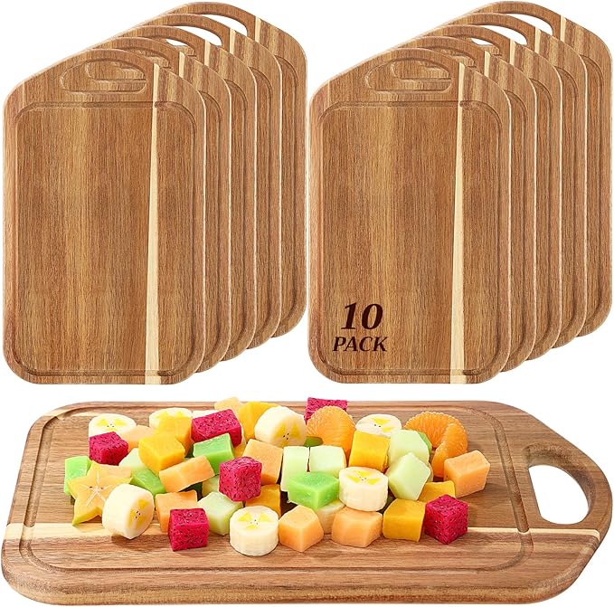 LemonRoad 10 Pcs Charcuterie Boards Bulk Acacia Wood Cutting Board with Handle 13 x 7.8 in Bamboo Board Carving Tray Pizza Bread Fruit Vegetables for Kitchen Housewarming Party Supplies