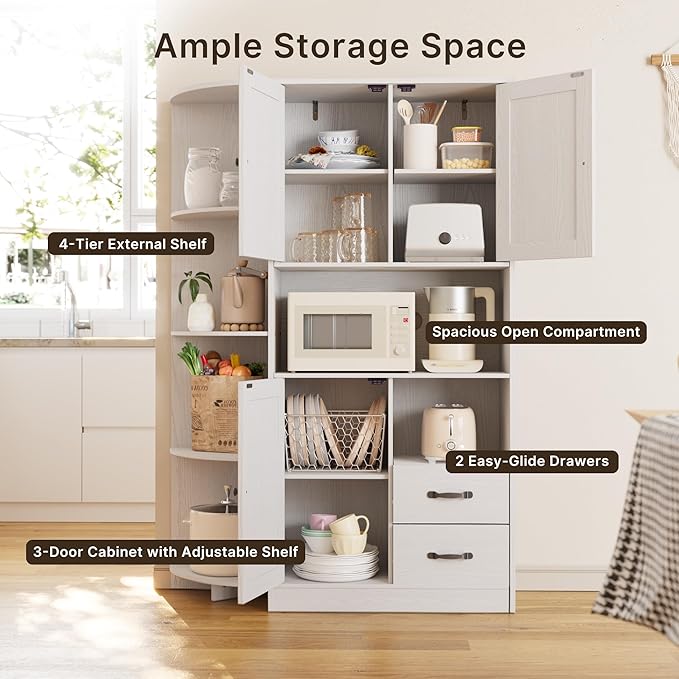 Gizoon 60.4" Pantry Cabinet with Coffee Bar, Tall Kitchen Pantry Storage Cabinet with Microwave Stand and 2 Drawers, Farmhouse Hutch with 4 Open Tiers for Dining Room and Kitchen Organization, White