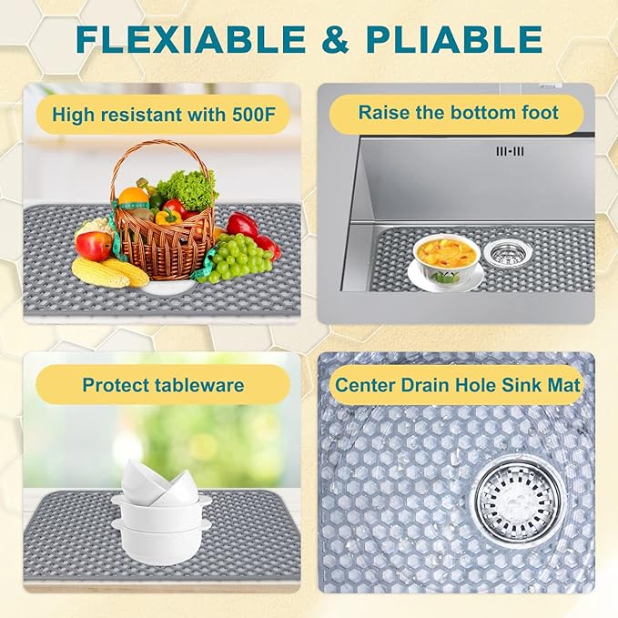 Bestjing Silicone Sink Protectors for Kitchen Sink with Rear Drain - 26"x 14" Kitchen Protector Accessory, Non-Slip Heat Resistant Grid Mat for Bottom of Farmhous Peorcelain Stainless Steel(Rear Hole)