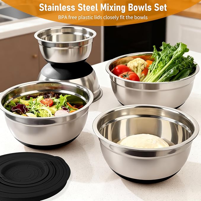 CHAREADA Mixing Bowls with Airtight Lids, 18pcs Stainless Steel Nesting Colorful Mixing Bowls Set Non-slip Silicone Bottom, Size 4.5, 3.6, 2.7, 2.1, 1.7, 1.1, 0.7 qt, Fit for Mixing & Serving (Black)