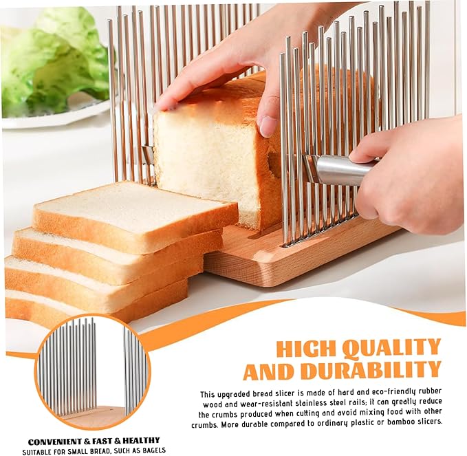 Manual Bread Slicer, Adjustable Stainless Steel Guide - Foldable Compact Slicer for Homemade Loaf, Wood Base