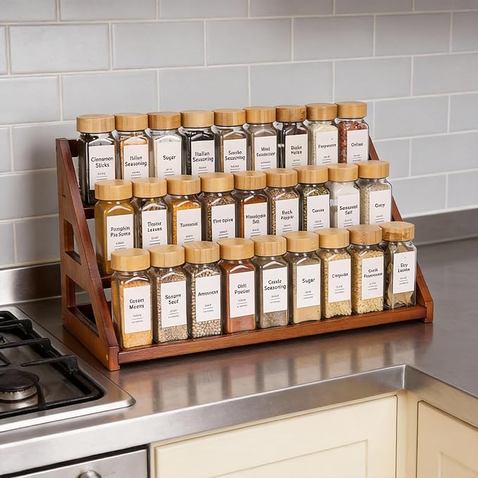 Spice Rack, Spice Organizer -3 Tier Bamboo Spice Racks, Solution for Spice Storage in Kitchens, Countertops，Storage Rooms and Other Places(Walnut)