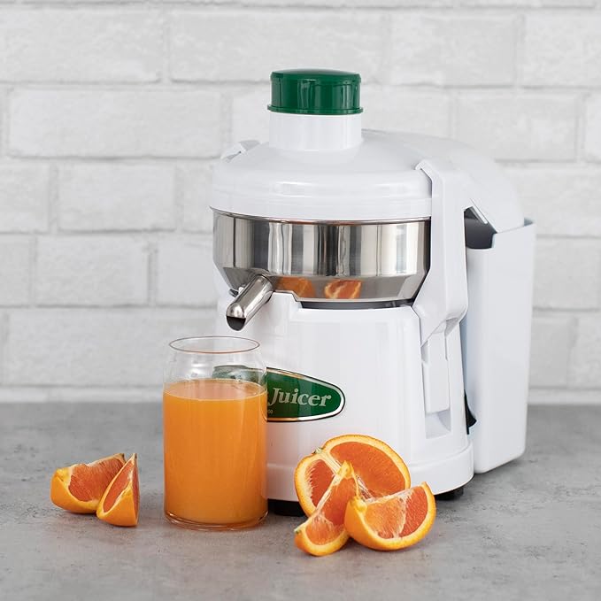 Omega Centrifugal Juicer High Speed Pulp Ejection Juice Extractor 1/3 HP Juices Vegetables Citrus and Fruits at 3500 RPM Surgical Stainless Steel Parts and Blade, 250-Watts, White