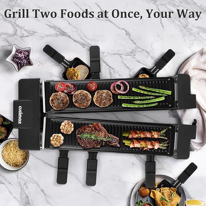 CUSIMAX Raclette Grill Raclette Table Grill Rotatable Korean BBQ Grill, 1400W Indoor Grill with 2 Non-stick Grill Plates, 8 Cheese Trays and Wooden Spatulas, Tabletop Electric Grill for 8 People