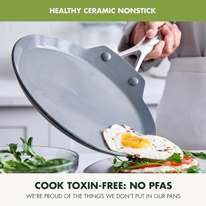 GreenPan Valencia Pro Ceramic Nonstick 9.5" Crepe Pan, Hard Anodized PFAS-Free, Induction Ready, Compatible on All Cooktops, Dishwasher Safe, Oven Safe to 600F, Gray