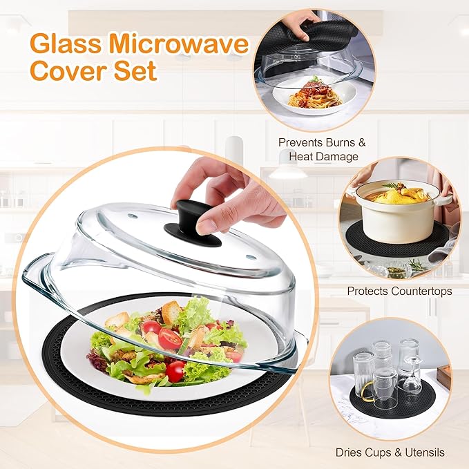 Glass Microwave Splatter Cover for Food with Microwave Place Mat - Sturdy Plate Guard Lid with Vent Holes and Easy-Grip Silicone Handle - BPA Free, Dishwasher Safe (Black)