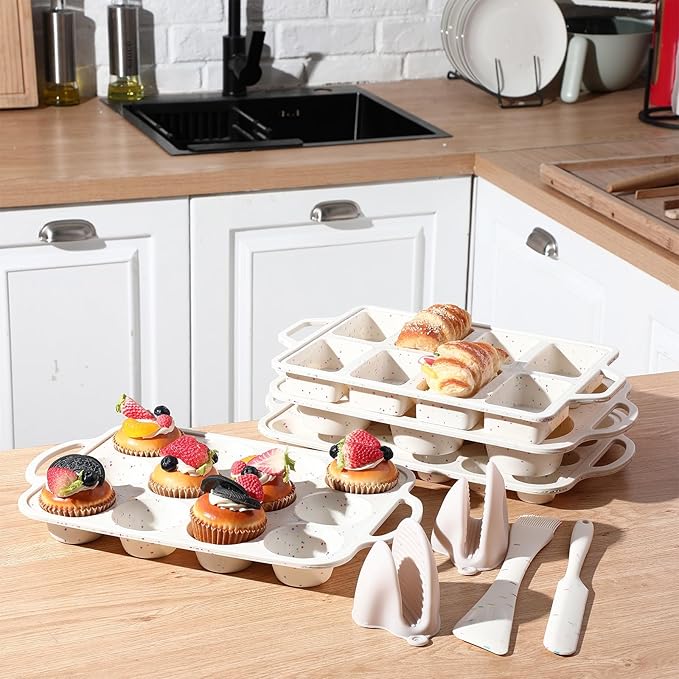 7 Pcs Silicone Baking Pan Set Nonstick Bakeware Set with 4 Molds (Loaf, Muffin, Mini Muffin, Round), Spatula, Dual-head Pastry Brush Oven Mitts for Cupcakes Brownies Bread, Confetti Design