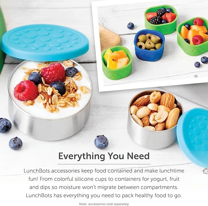 LunchBots Medium Trio II Snack Container - Divided Stainless Steel Food Container - Three Sections for Snacks On the Go - Eco-Friendly, Dishwasher Safe, BPA-Free - Stainless Lid - Green Dots