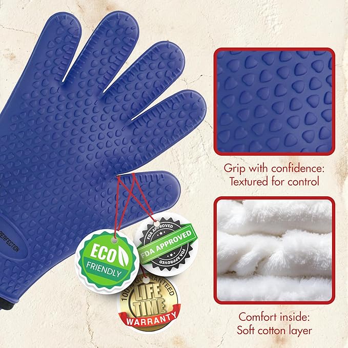 KITCHEN PERFECTION Silicone Oven & Griddle Gloves -Extreme Heat Resistant BBQ & Grilling Gloves -Handle Hot Food Right on Your Griddle |Waterproof Oven Mitts Grill Gloves |Superior Set+3 Bonuses