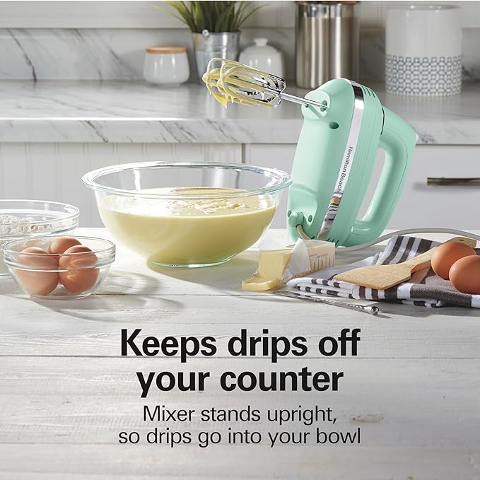 Hamilton Beach Vintage-Style 5-Speed Electric Hand Mixer, Powerful 1.3 Amp DC Motor for Effortless Mixing & Consistent Speed in Thick Ingredients, Slow Start, Beaters and Whisk, Green (62601N)