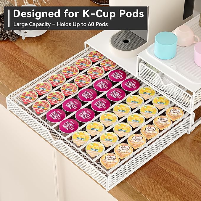 K Cup Organizer for Countertop - Solid Metal 60 Coffee Pod Holder Storage Drawer, Reinforced Steel Stand Compatible with Keurig K-Cup Pods, Anti-Vibration & No-Sag Design, No Assembly Required (White)
