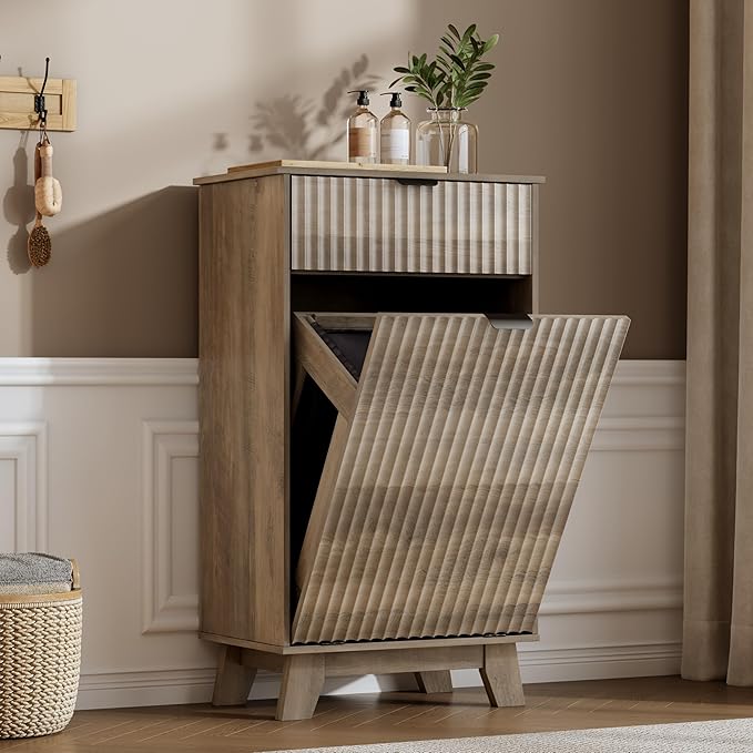 Modern Tilt Out Laundry Hamper Cabinet, 10 Gallon Wooden Trash Can Cabinet with Storage Drawers, Hidden Fluted Garbage Can Holder for Kitchen, Living Room (Wood Grey, 20.47"W x 35.83"H x 13"D)